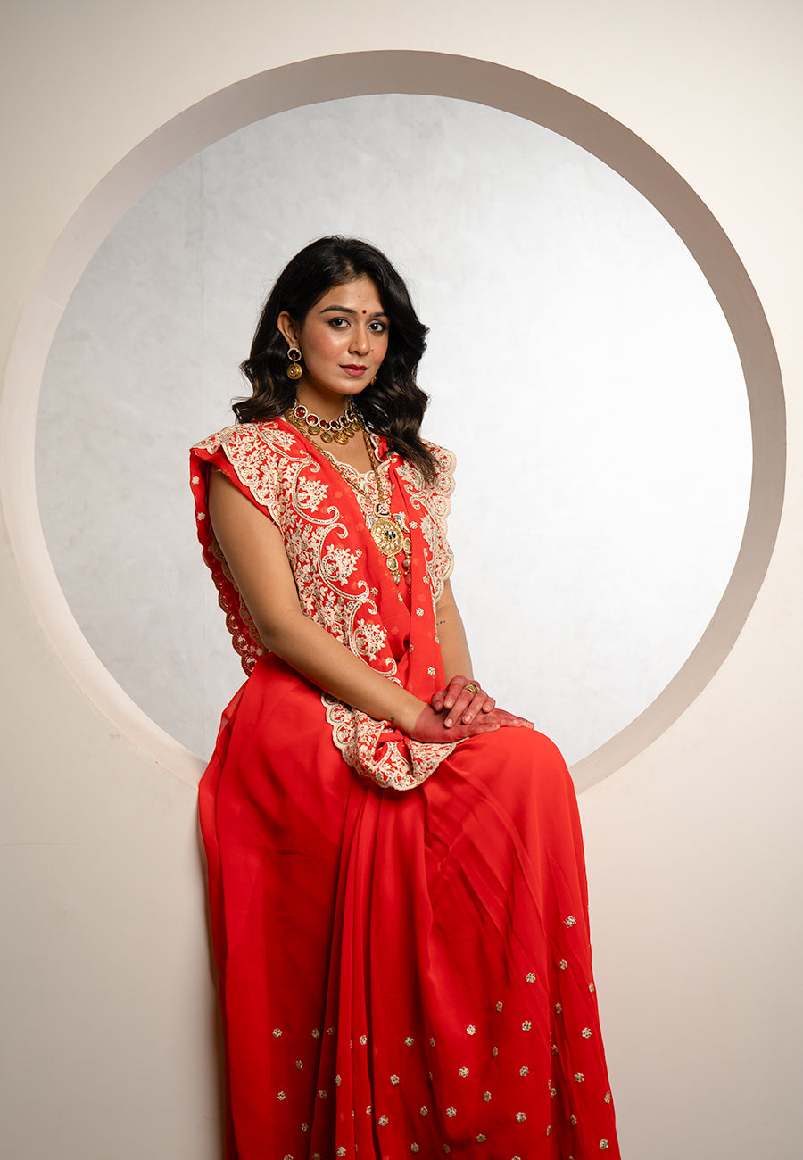 Blood red georgette saree