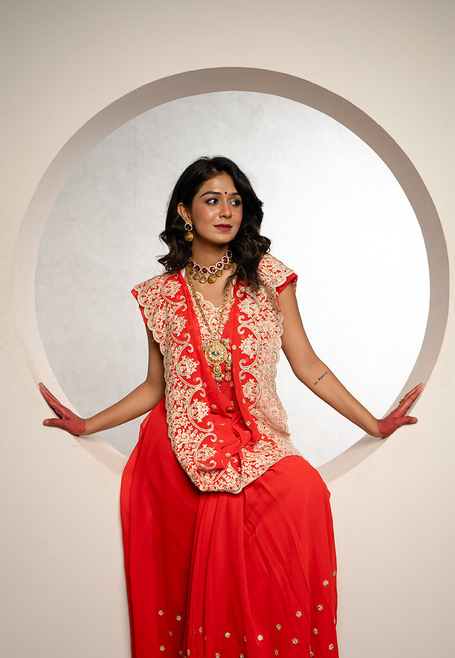 Blood red georgette saree