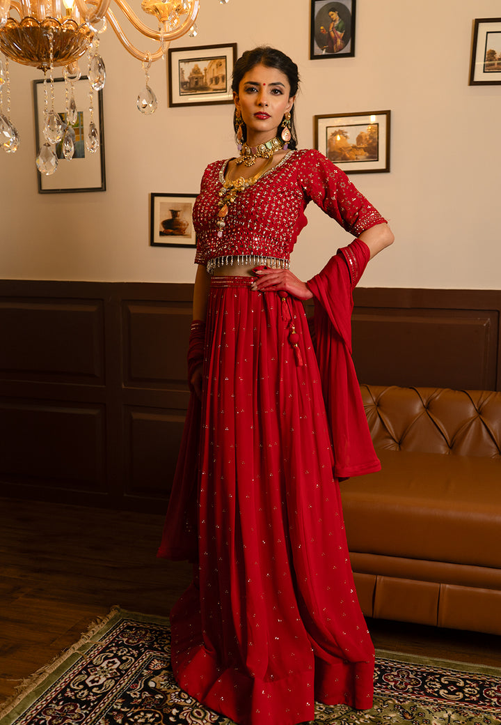 Red mirror lehenga