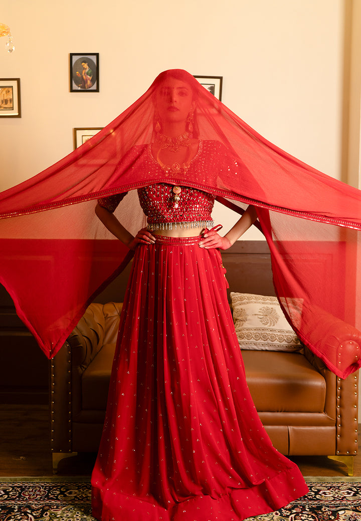 Red mirror lehenga