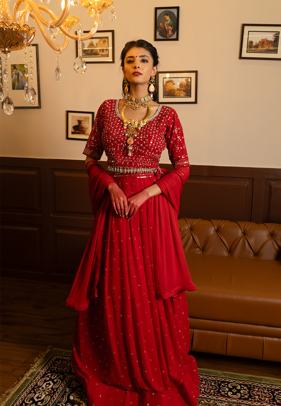 Red mirror lehenga