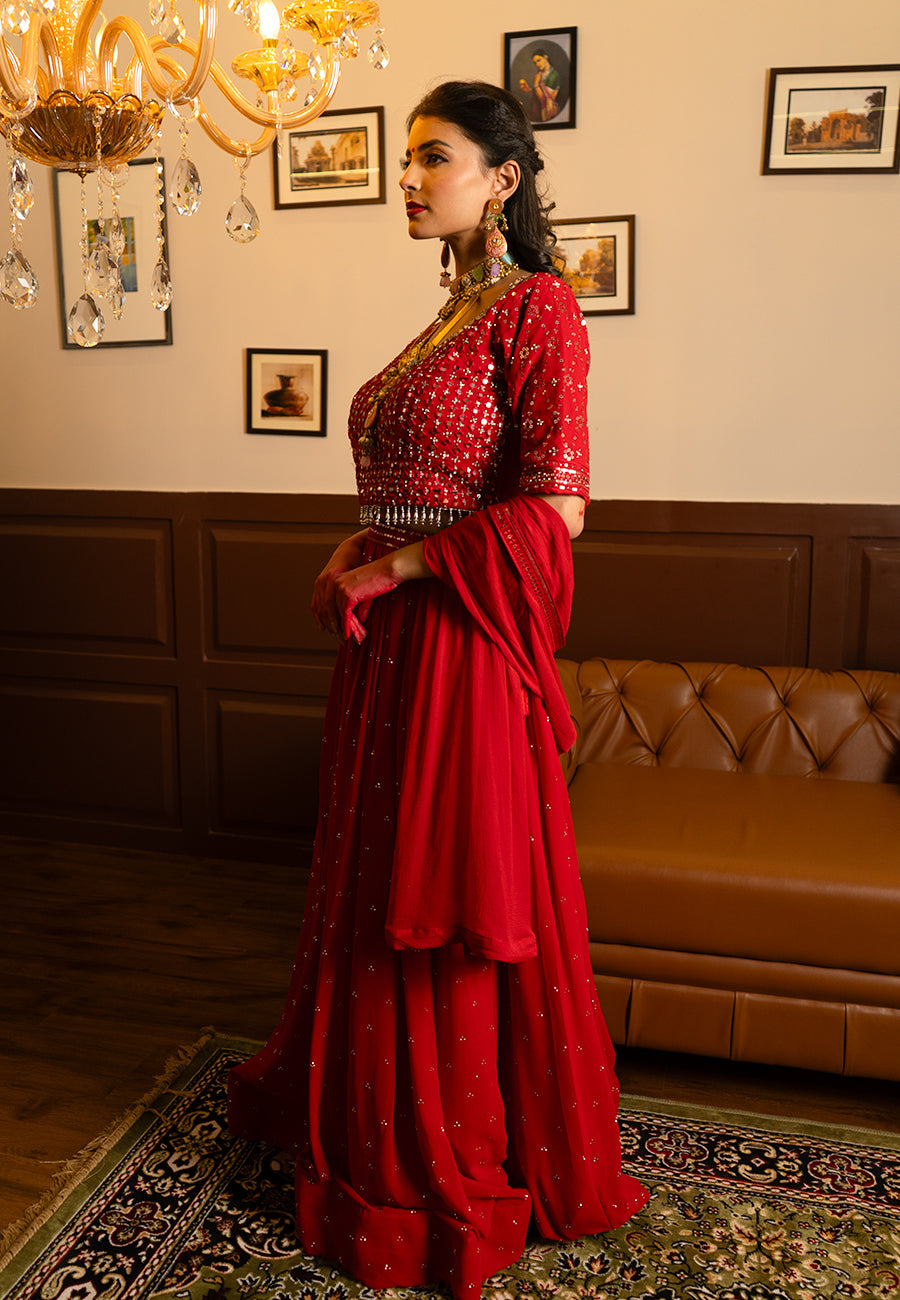 Red mirror lehenga