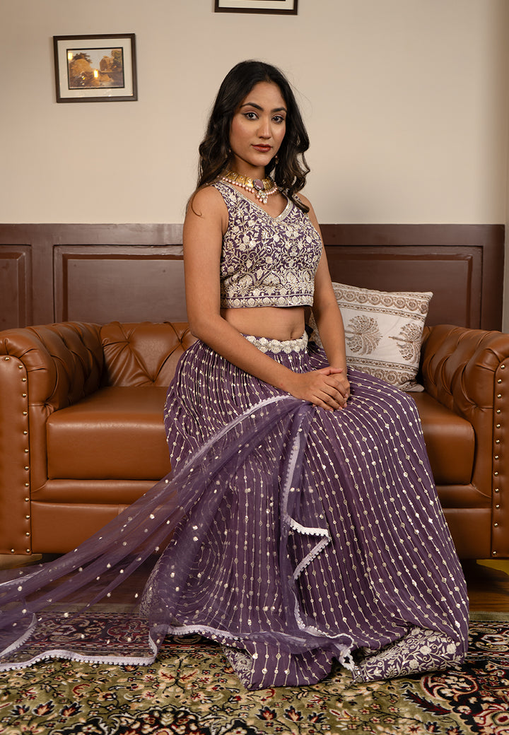 puple thread work lehenga