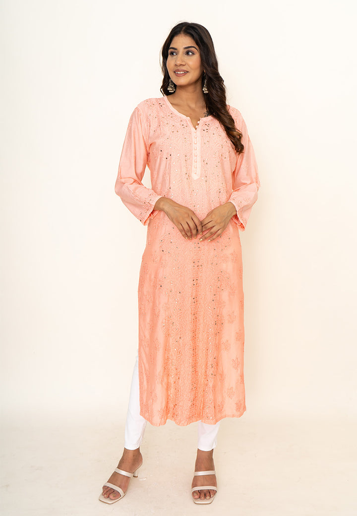 Peach chikankari long kurta