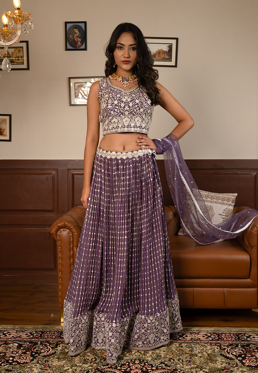 puple thread work lehenga