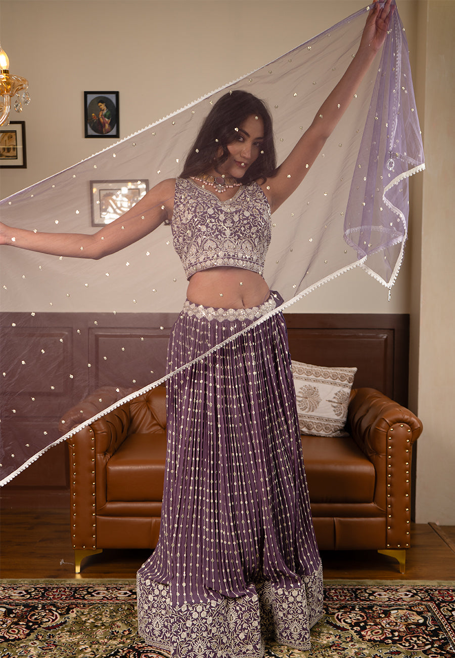 puple thread work lehenga