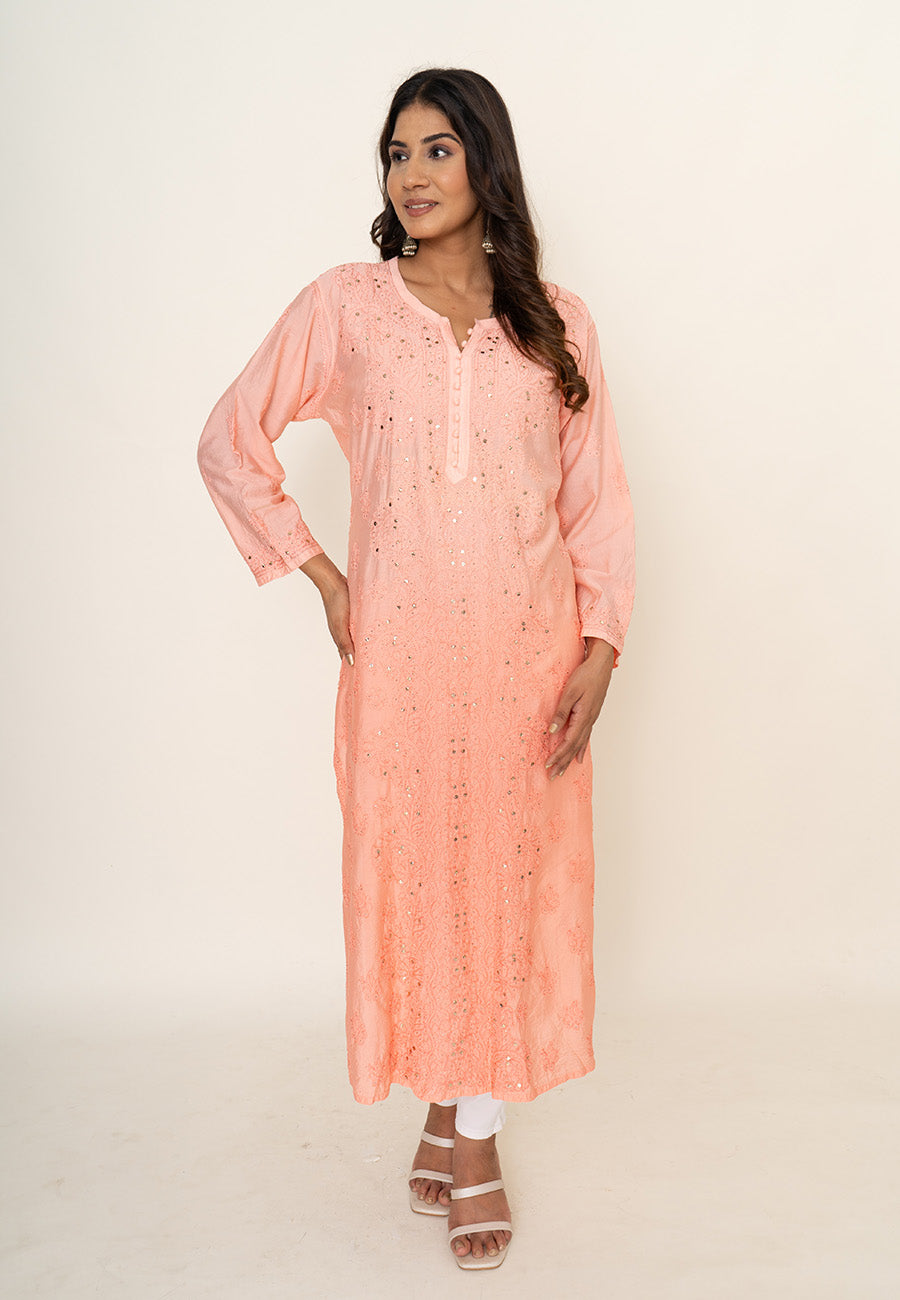 Peach chikankari long kurta