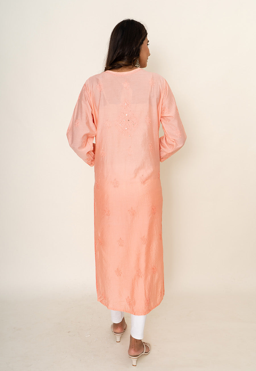 Peach chikankari long kurta