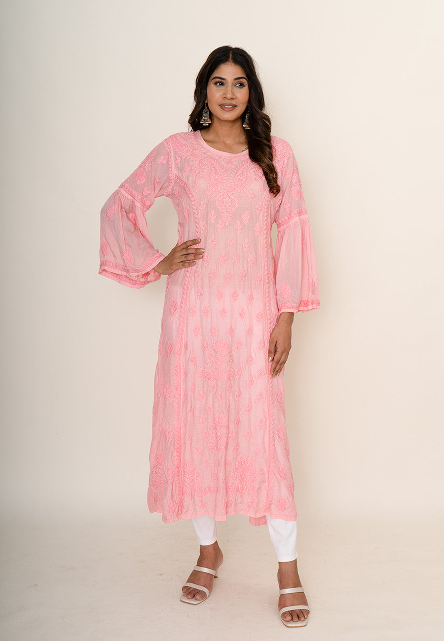 Pink chikankari long kurta