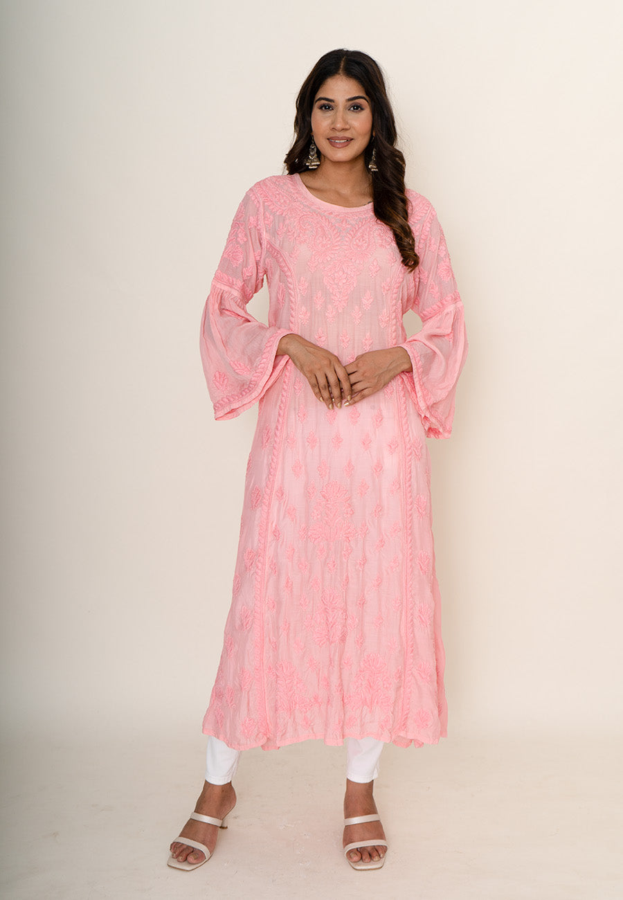 Pink chikankari long kurta